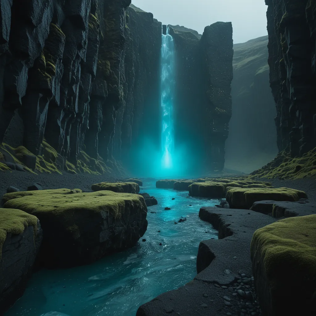 Observation 01 (Aether): Artificial synthesis of an Icelandic canyon. Cyan light emission at the base of a waterfall suggests a non-biological presence (Ghost in the Machine) within a terrestrial basalt structure with moss on it and a river inbetween.