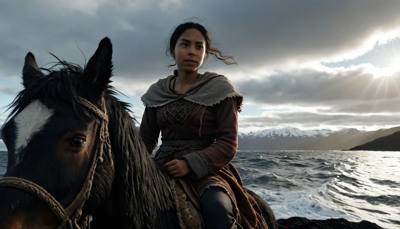 Tala Cruz Magellan, fiktive Protagonistin. Sitzt auf einem Pferd. Ein Teil ihrer Haare bewegen sich im Wind. Hinter ihr das Meer. Am Horizont Klippen einer Bucht. Die Sonne scheint leicht durch die Wolken. Man sieht nicht was sie sieht. Vermutlich blickt sie zu ihrer Mutter.
