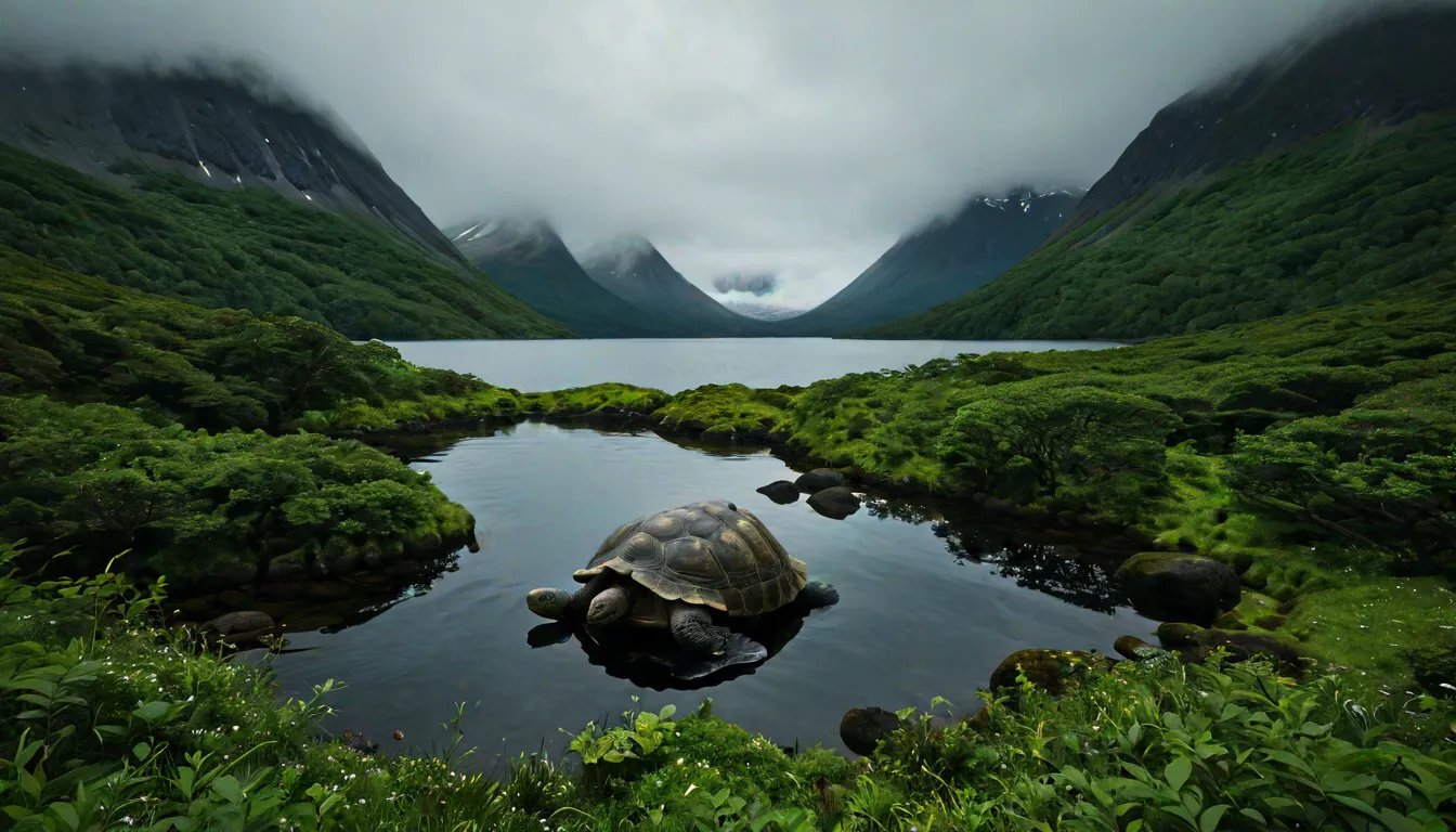 Eine fiktive Galapagos-Riesenschildkröte in einem kleineren Süßwasser Teich. Dahinter ein großer See. Links und rechts steilere Hänge. Alles ist mit üppiger grüner Vegetation bewachsen. Im Hintergrund große Berge die mit Eis und Schnee bedeckt sind. Die Berggipfel sind in leichtem Nebel gehüllt. Zwischen den Bergen am Horizont, möglicherweise ein Gletscher. Da es dort auch nebelig ist, ist es nicht eindeutig zu erkennen.